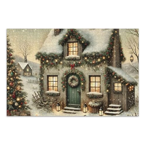 Christmas Cottage Beige Puzzles Jigsaw, 500 Puzzles für Erwachsene, mit Buchstaben auf der Rückseite, lustige Erwachsenenpuzzles von Joitme