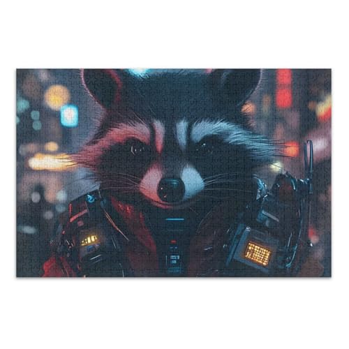 Cool Raccoon Black Jigsaw Pizzles 1000 Teile Puzzle für Erwachsene mit Buchstaben auf der Rückseite, lustige Puzzles von Joitme