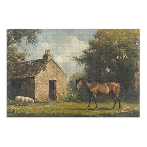 Cottage Horse Sheep Green Jigsaws Puzzles, Puzzles für Erwachsene 1000 Teile, mit Buchstaben auf Rückseite, Erwachsene Puzzles von Joitme