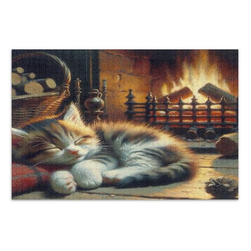 Cozy Cat Fireplace Red Jigsaw Puzzles, 1000 Teile Puzzles für Erwachsene, mit Buchstaben auf der Rückseite, lustige Puzzles für Erwachsene von Joitme