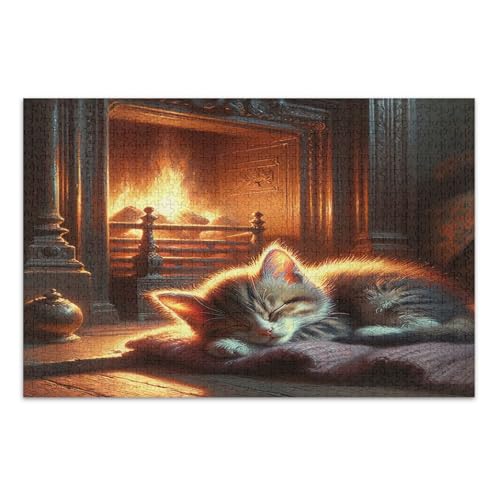 Cozy Cat Fireplace Red Puzzle, 1000 Puzzles für Erwachsene, mit Buchstaben auf Rückseite, Puzzle 500 Teile Erwachsene von Joitme