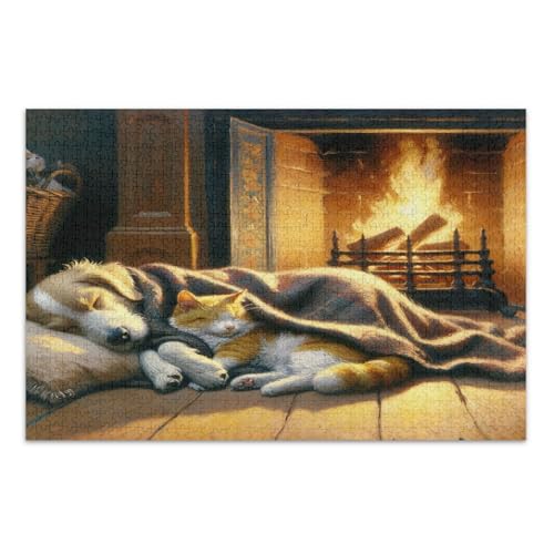 Cozy Dog Fireplace Brown Jigsaw Puzzles, Puzzle 500 Teile Erwachsene, mit Buchstaben auf Rückseite, Puzzles für Erwachsene 1000 Teile von Joitme