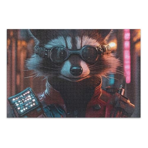 Cyber Raccoon Nightscape Black Jigsaws Puzzles, 500 Puzzles für Erwachsene, mit Buchstaben auf der Rückseite, Puzzles für Erwachsene von Joitme