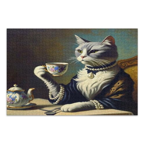 Elegant Cat Tea Brown Jigsaw Puzzle, Adult Jigsaw Puzzles, with Letters on Back,500 Piece Puzzles for Adults von Joitme