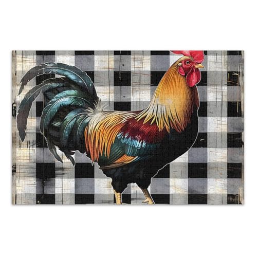 Farmhouse Rooster Checkerboard Jigsaws Puzzles für Erwachsene mit Buchstaben auf der Rückseite, 500 Teile Puzzles für Erwachsene von Joitme