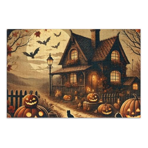 Halloween House Orange Puzzles Erwachsene Puzzles mit Buchstaben auf der Rückseite, 500 Teile Puzzle für Erwachsene von Joitme