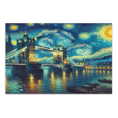 London Bridge Starry Night Blue Puzzles Jigsaw, Erwachsene Puzzle Spiele mit Buchstaben auf der Rückseite, 500 Teile Puzzles für Erwachsene von Joitme