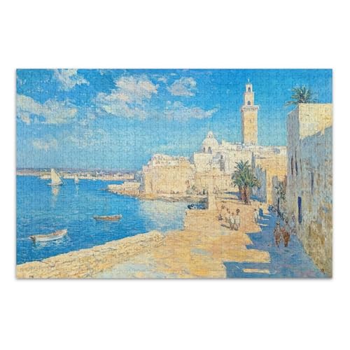 Marokkanische Küstenstadt Blau Puzzle Puzzle 500 Teile Puzzle Erwachsene mit Buchstaben auf Rückseite Lustige Puzzles von Joitme