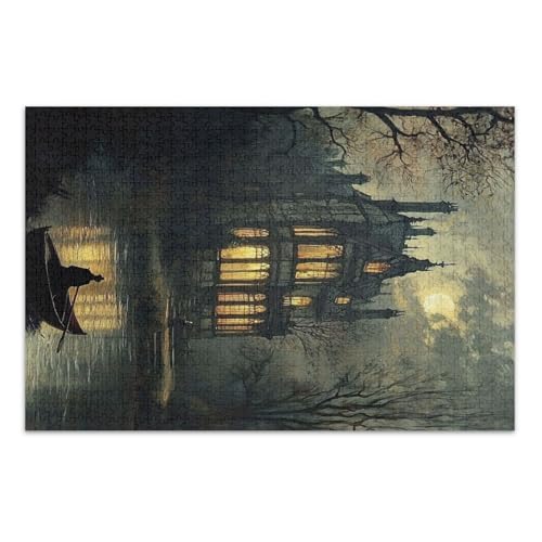 Moonlit Mansion Reflection Black Jigsaw Puzzle, Puzzles für Erwachsene, mit Buchstaben auf der Rückseite, 500 Teile Puzzle für Erwachsene von Joitme