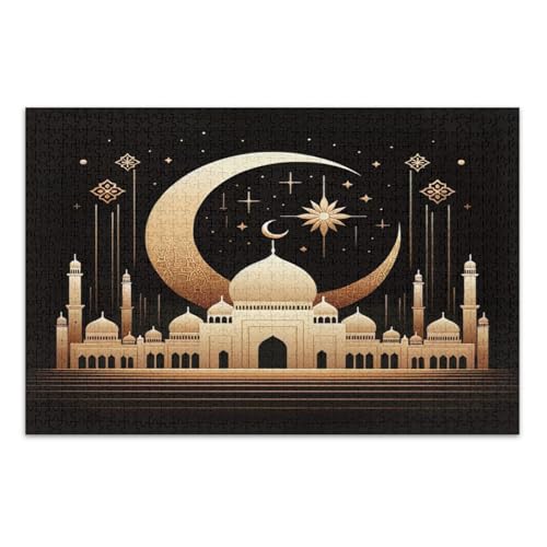 Moschee Halbmond Glow Gold Puzzles 1000 Teile Puzzle für Erwachsene mit Buchstaben auf der Rückseite Lustige Erwachsenenpuzzles von Joitme