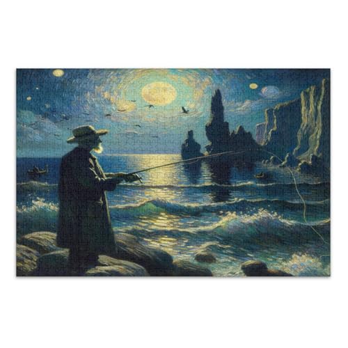 Night Fishing Moon Blue Puzzle, Puzzles für Erwachsene 1000 Teile, mit Buchstaben auf Rückseite, Puzzle Erwachsene von Joitme