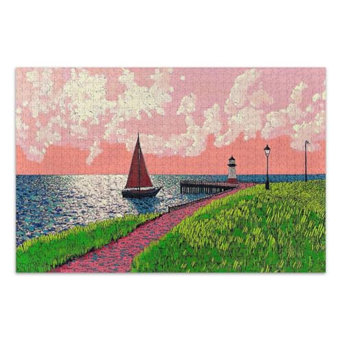 Nordsee Sonnenuntergang Pink Jigsaws Puzzles, 500 Teile Puzzle für Erwachsene, mit Buchstaben auf der Rückseite, lustige Erwachsenenpuzzles von Joitme