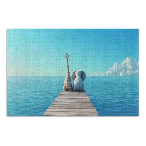 Peaceful Giraffe Elefant Blau Jigsaws Puzzles Puzzle für Erwachsene 500 Teile mit Buchstaben auf der Rückseite, lustige Puzzles für Erwachsene von Joitme