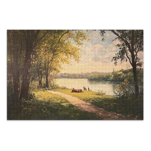 Resting Cows River Yellow Jigsaw Puzzle, Jigsaw Puzzles for Adults with Letters on Back Puzzles for Adults 500 Pieces von Joitme