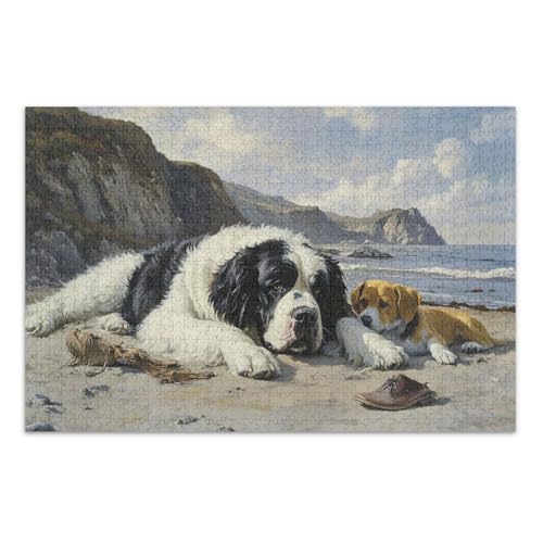 Sleeping Dog Beach Black Puzzles Jigsaw, 1000 Teile Puzzle für Erwachsene mit Buchstaben auf der Rückseite, Puzzle für Erwachsene von Joitme