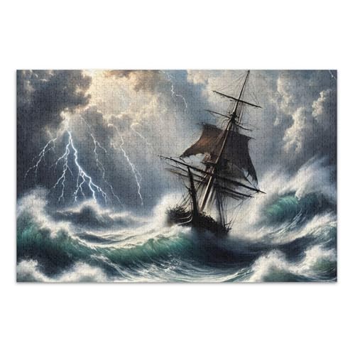 Stormy Ship Blue Jigsaws Puzzles, 500 Teile Puzzles für Erwachsene, mit Buchstaben auf der Rückseite, lustige Puzzles für Erwachsene von Joitme