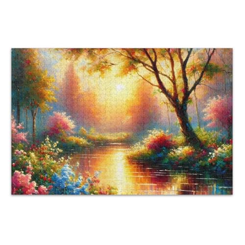 Sunset River Green Jigsaw Puzzle, 1000 Puzzles für Erwachsene, mit Buchstaben auf der Rückseite, Puzzles für Erwachsene von Joitme