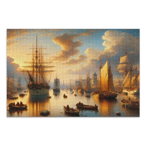 Vintage Harbor Sunset Gold Jigsaws Puzzles, Puzzle für Erwachsene 500 Teile, mit Buchstaben auf Rückseite, Lustige Puzzles von Joitme