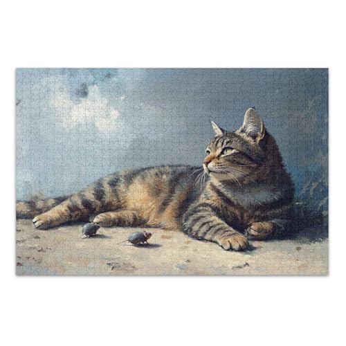 Vintage Tabby Cat Brown Jigsaw Puzzle, 500 Teile Puzzles für Erwachsene, mit Buchstaben auf der Rückseite, lustige Puzzles für Erwachsene von Joitme