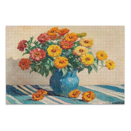 Vintage Zinnia Marigold Blue Puzzle Jigsaw, 1000 Teile Puzzle für Erwachsene, mit Buchstaben auf der Rückseite, lustige Puzzles für Erwachsene von Joitme