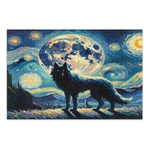 Wald Wolf Mond Schwarz Jigsaw Puzzles Erwachsene Puzzle Spiele mit Buchstaben auf der Rückseite, Puzzle 1000 Teile Erwachsene von Joitme