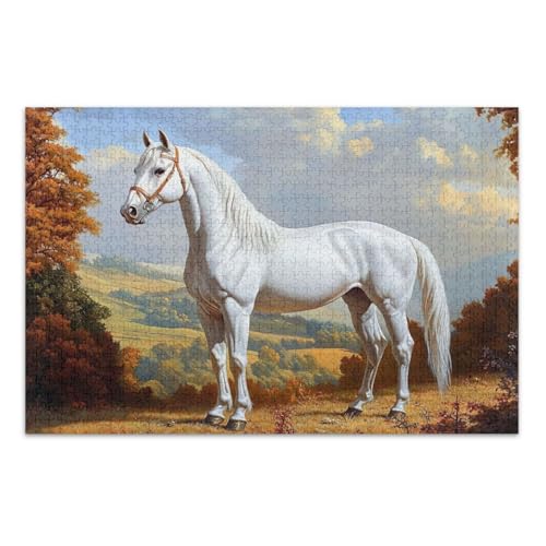 White Horse Autumn Brown Jigsaw Puzzle, 500 Teile Puzzles für Erwachsene, mit Buchstaben auf der Rückseite, lustige Erwachsenenpuzzles von Joitme