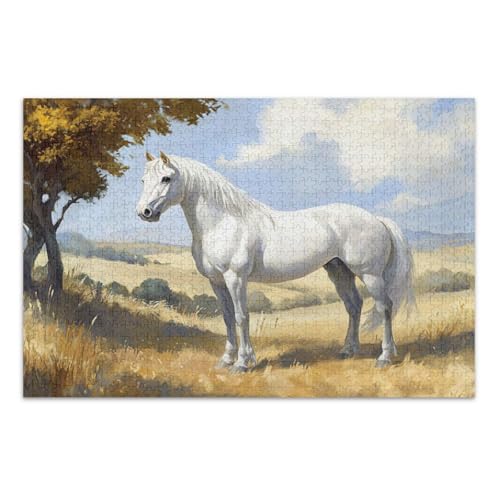 White Horse Meadow Yellow Jigsaw Puzzle, 1000 Teile Puzzles für Erwachsene, mit Buchstaben auf der Rückseite, Puzzle für Erwachsene 500 Teile von Joitme