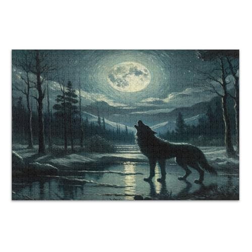 Wolf Moon Night Blue Puzzles, Puzzle für Erwachsene 500 Teile, mit Buchstaben auf Rückseite, Lustige Puzzles von Joitme