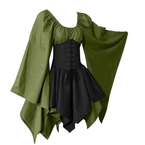 JokeLomple Renaissance Kostüm Frauen - mit Trompetenärmel Halloween Karneval Kostüm Bodenlang Schnürkleid Mittelalterliches Kleid Renaissance Kostüm Faschingskostüme für Halloween Kostüm von JokeLomple