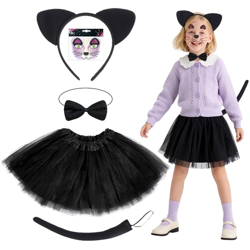 5-teiliges schwarzes Katzenkostüm-Set für Kinder, Tutu-Kleid für Mädchen, Cosplay, Outfit mit Ohren, Stirnband, Schwanz, Fliege, Rock und Aufklebern, Weltbuchtagskostüm, Kinder, Halloween-Kostüm 5-teiliges schwarzes Katzenkostüm-Set für Kinder, Tutu-Kleid für Mädchen, Cosplay, Outfit mit Ohren, Stirnband, Schwanz, Fliege, Rock und Aufklebern, Weltbuchtagskostüm, Kinder, Halloween-Kostüm von Jokureao