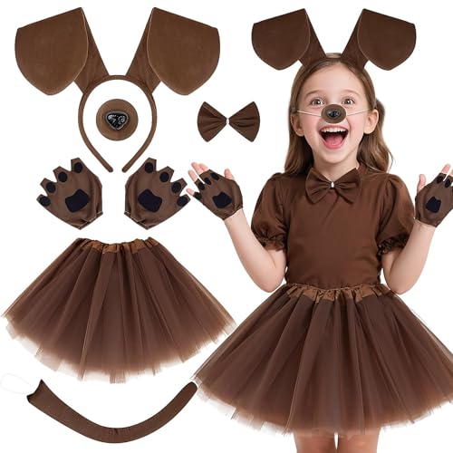 6-teiliges braunes Welpen-Kostüm-Set für Kinder, Tier-Kostüm-Zubehör mit Hundeohren, Stirnband, Nase, Tüllrock, Schwanz und Handschuhen, Welpen-Hunde-Kostüm-Outfit für Halloween, Weltbuchtag 6-teiliges braunes Welpen-Kostüm-Set für Kinder, Tier-Kostüm-Zubehör mit Hundeohren, Stirnband, Nase, Tüllrock, Schwanz und Handschuhen, Welpen-Hunde-Kostüm-Outfit für Halloween, Weltbuchtag von Jokureao