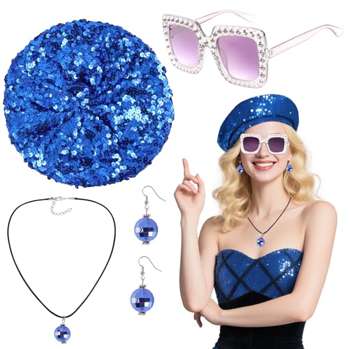 Jokureao 4-teiliges Disco-Zubehör-Set für Damen, Disco-Zubehör mit Paillettenhut, glitzernde Sonnenbrille, Ohrringe und Halskette, 70er-Jahre Abba-Kostüm, Glitzer-Party-Outfit, Thementanz-Geschenk Jokureao 4-teiliges Disco-Zubehör-Set für Damen, Disco-Zubehör mit Paillettenhut, glitzernde Sonnenbrille, Ohrringe und Halskette, 70er-Jahre Abba-Kostüm, Glitzer-Party-Outfit, Thementanz-Geschenk von Jokureao