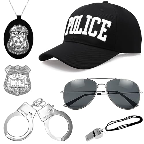 Jokureao 6-teiliges Polizei-Kostüm-Set, Polizei-Kostüme, Zubehör mit Hut, Sonnenbrille, Manschetten, Abzeichen, Handschellen, Rollenspiel, Spielzeug, Halloween, Polizistostüm für Erwachsene und Kinder Jokureao 6-teiliges Polizei-Kostüm-Set, Polizei-Kostüme, Zubehör mit Hut, Sonnenbrille, Manschetten, Abzeichen, Handschellen, Rollenspiel, Spielzeug, Halloween, Polizistostüm für Erwachsene und Kinder von Jokureao