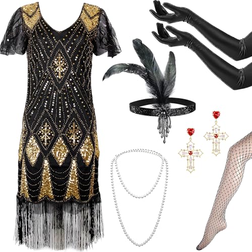 Jokureao 6Stück 20er Jahre Kostüm Damen Set,V-Ausschnitt Pailletten Rock, Gatsby Kleid Damen mit 20er, 1920er Charleston Kleid für Karneval Retro Party Cosplay Party von Jokureao