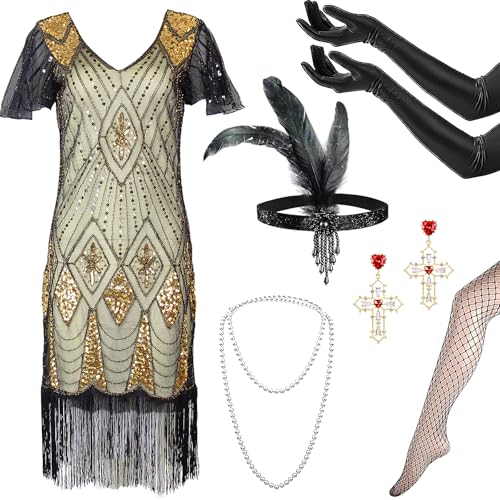 Jokureao 6Stück 20er Jahre Kostüm Damen Set,V-Ausschnitt Pailletten Rock, Gatsby Kleid Damen mit 20er, 1920er Charleston Kleid für Karneval Retro Party Cosplay Party von Jokureao