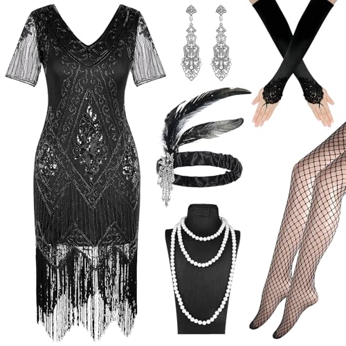 Jokureao 6Stück 20er Jahre Kostüm Damen Set,V-Ausschnitt Pailletten Rock, Gatsby Kleid Damen mit 20er, 1920er Charleston Kleid für Karneval Retro Party Cosplay Party Jokureao 6Stück 20er Jahre Kostüm Damen Set,V-Ausschnitt Pailletten Rock, Gatsby Kleid Damen mit 20er, 1920er Charleston Kleid für Karneval Retro Party Cosplay Party von Jokureao