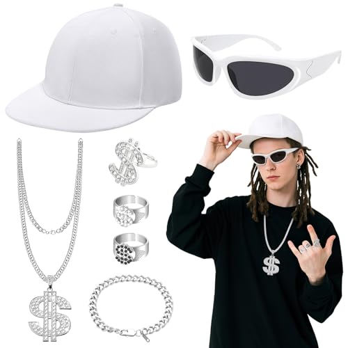 Jokureao 7-teiliges Hip-Hop-Kostüm-Set, Hip-Hop-Party-Dekorationen, Hippie-Rapper-Disco-Outfit mit Dollarzeichen-Halskette, Kappe, Brille, Ringe für Disco-Themenverkleidungsparty und Halloween Jokureao 7-teiliges Hip-Hop-Kostüm-Set, Hip-Hop-Party-Dekorationen, Hippie-Rapper-Disco-Outfit mit Dollarzeichen-Halskette, Kappe, Brille, Ringe für Disco-Themenverkleidungsparty und Halloween von Jokureao