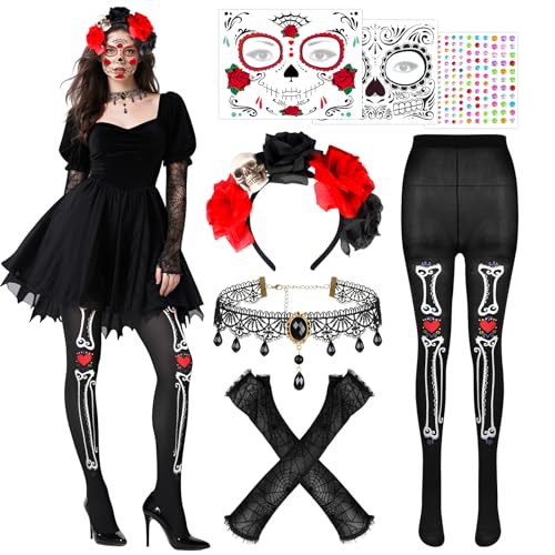 Jokureao 7pcs Halloween Tag der Toten Stirnband Set, Tag der Toten Kostüm Zubehör für Frauen mit Skelett Strumpfhosen, Spitze Halskette, Gesicht Aufkleber & Handschuhe für Halloween Party Feier Jokureao 7pcs Halloween Tag der Toten Stirnband Set, Tag der Toten Kostüm Zubehör für Frauen mit Skelett Strumpfhosen, Spitze Halskette, Gesicht Aufkleber & Handschuhe für Halloween Party Feier von Jokureao