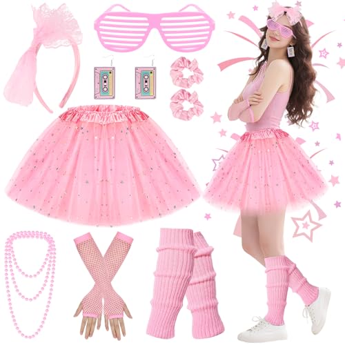 Jokureao 9-teiliges 80er-Jahre-Kostüm-Set für Damen und Mädchen, 1980er-Jahre-Kostüm-Set mit Tutu-Rock, Haargummis, Beinstulpen, Schleife, Stirnband und Brille, Retro-Outfit für Party, Verkleidungstag Jokureao 9-teiliges 80er-Jahre-Kostüm-Set für Damen und Mädchen, 1980er-Jahre-Kostüm-Set mit Tutu-Rock, Haargummis, Beinstulpen, Schleife, Stirnband und Brille, Retro-Outfit für Party, Verkleidungstag von Jokureao