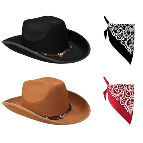 Jokureao Cowboyhüte, 4-teiliges Western-Cowboyhut-Set, Unisex, Kostümzubehör für Erwachsene, Schwarz & Braun, Cowboyhut mit Schal für Halloween, Junggesellinnenabschiede Jokureao Cowboyhüte, 4-teiliges Western-Cowboyhut-Set, Unisex, Kostümzubehör für Erwachsene, Schwarz & Braun, Cowboyhut mit Schal für Halloween, Junggesellinnenabschiede von Jokureao
