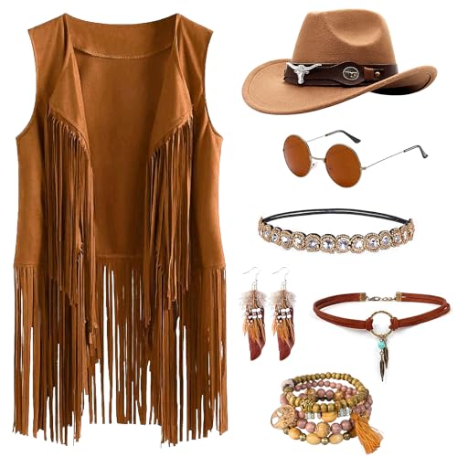 Jokureao 7Stück Hippie Kleidung Damen Set, Cowgirl Western Outfit, Hippie Kostüm Damen Set mit Hippie Ohrringe, Brille, Armband, Halskette, 60er 70er Hippie Bekleidung Faschingskostüme Halloween (L) von Jokureao