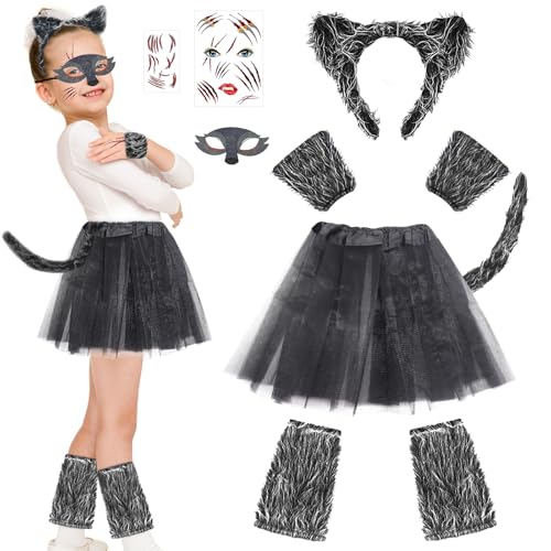 Jokureao 10 Stück Werwolf Kostüm Set, Wolf Kostüm Kinder mit Maske, Haarband, Werwölfe Rock, Werwölfe Ohren und Schwanz Set, Werwolfkostüm für Mädchen für Halloween Karneval Fancy Party Kostüm von Jokureao