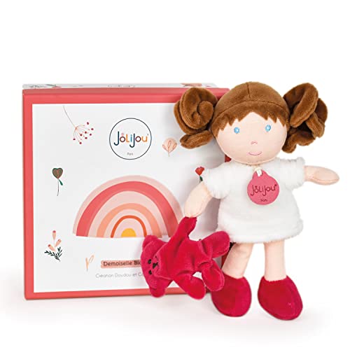 Jolijou - Meine erste weiche Puppe – Miss Blanche – Geschenkbox – 21 cm – Bouclettes Kastanienbraun – mit Kuscheltier – Geschenkidee zur Geburt Mädchen – JJ6004 von Jolijou