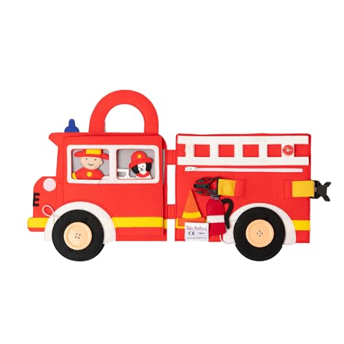 Jolly Designs – Travel Buddy Feuerwehr – Montessori Spielzeug ab 18 Monaten – Motorik & Sensorik fördern – Busy Book aus Filz – Handgefertigtes Filzbuch – Lernspielzeug für kleine Feuerwehr-Fans von Jolly Designs