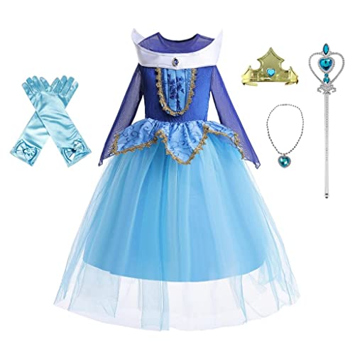 Jolly Fancy - Dornröschen Prinzessin Aurora Blau Kleid Kostüm Verkleidung mit Krone und Zubehör für Kinder Mädchen Größe 7-8 Jahre 128 von Jolly Fancy