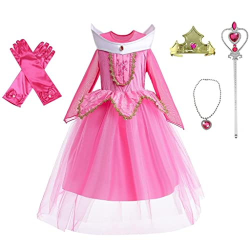 Jolly Fancy - Dornröschen Prinzessin Aurora Pink Kleid Kostüm Verkleidung mit Krone und Zubehör für Kinder Mädchen Größe 6-7 Jahre 122 von Jolly Fancy
