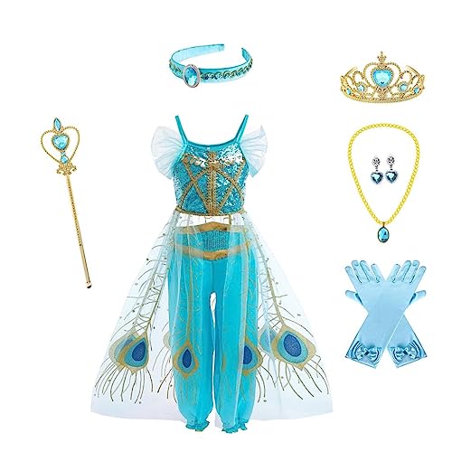 Jolly Fancy - Prinzessin Jasmin Kleid Kostüm Verkleidung mit Cape, Stirnband und Zubehör für Kinder Mädchen Größe 5-6 Jahre 116, Türkis von Jolly Fancy