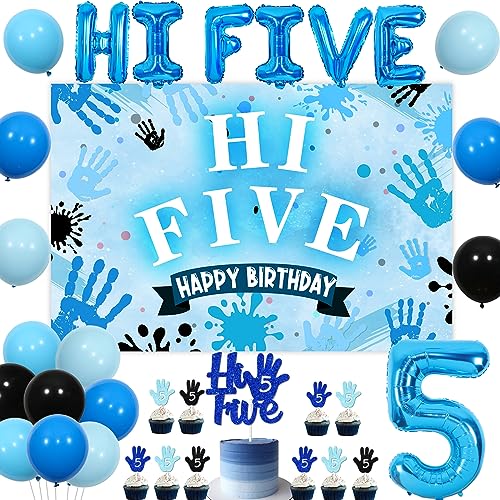 5. Geburtstag Dekorationen Jungen Blau, Hi Five Happy Birthday Hintergrund Kuchen Cupcake Topper Blau Schwarz Luftballons Nummer 5 Hi Five Folienballon für Jungen 5 Jahre alt Geburtstag Party von Jollyboom