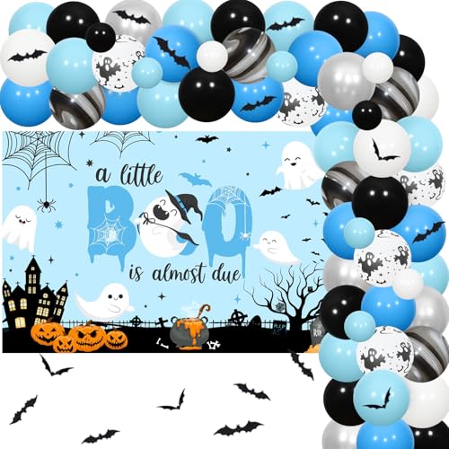 Halloween Baby Shower Party Dekorationen für Jungen, A Little Boo Is Almost Due Hintergrund Halloween Blau Schwarz Silber Ballon Girlande Kit Fledermaus Wandaufkleber Weiß Geist Folienballon von Jollyboom