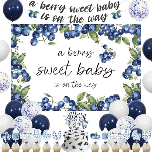 Jollyboom Berry Baby Shower Dekorationen Mädchen, A Berry Sweet Baby Is On The Way Dekoration Blaubeere Hintergrund Banner Hintergrund Prop Kuchen Cupcake Topper Ballon für Berry Sweet Baby Shower von Jollyboom